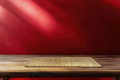 红色背景下木制桌面上平铺着竹席，产品展示