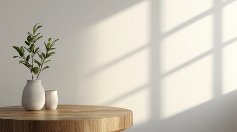 3D渲染阳光光影圆形木质底座电商产品展台