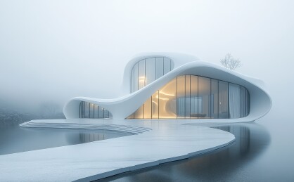 蓝天白云逆光场景下户外艺术幕墙临水建筑及