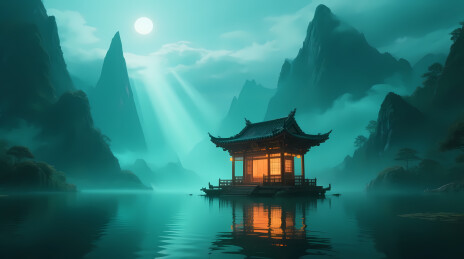 水上亭阁月夜山水