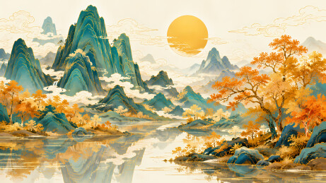 国潮金秋山水青绿山峰金线细描米白图