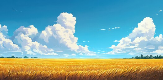 蓝天白云下的大面积种植小麦麦田，农业乡村