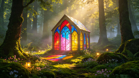 森林彩色玻璃小屋奇幻风景