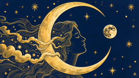女性侧脸与新月星空