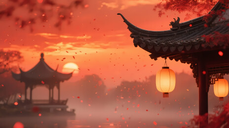黄昏亭阁灯笼映霞