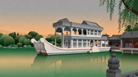 湖畔古典建筑与游船