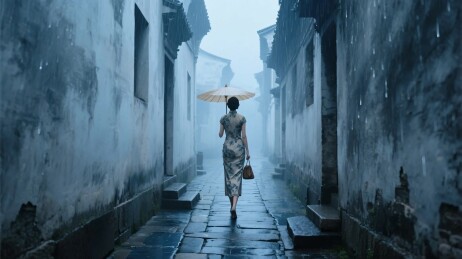 雨天古巷行走的女子