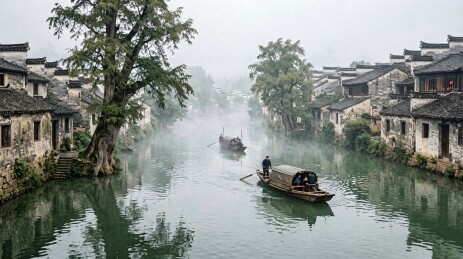 雾中水乡古镇河道船行