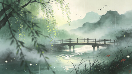 雨中水墨江南桥景