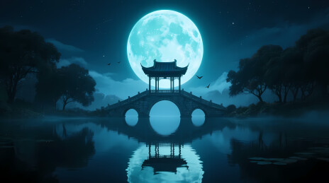 月夜中式石拱桥