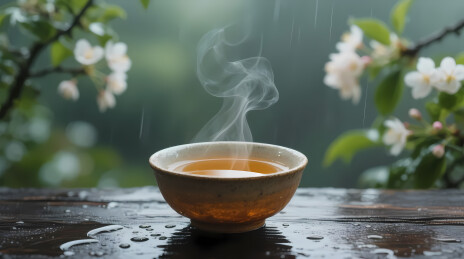雨中热茶伴白花