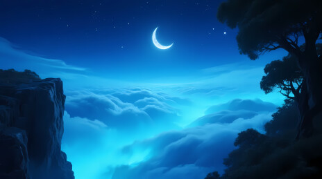 银月悬夜云海山