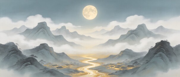 明月高悬山间村落夜景