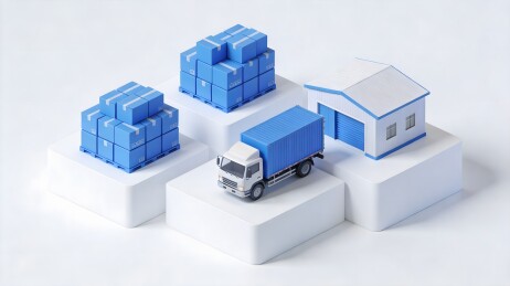 蓝色货车与仓库货箱模型展示