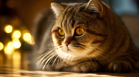 虎斑猫凝视特写暖光室内