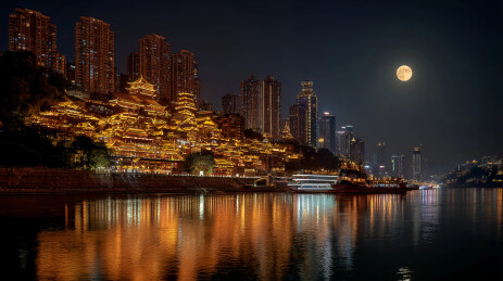 江畔古楼满月夜景