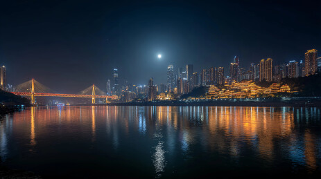 江畔古楼满月夜景