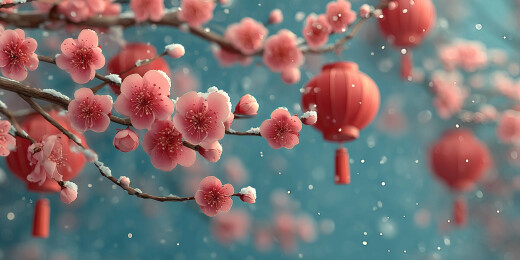 雪中红梅挂红灯笼