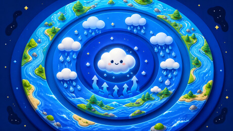 云雨河流环绕的水循环图解