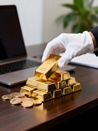 戴白手套手放金条堆
