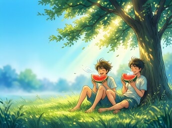夏日树下吃瓜的少年