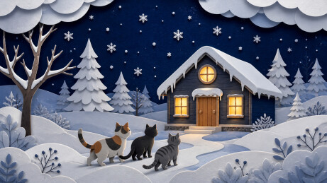 雪夜猫群走向亮灯木屋