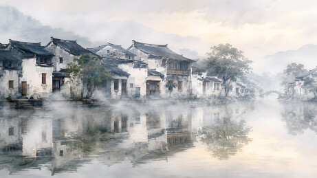 晨雾江南水乡白墙黛瓦倒影如画
