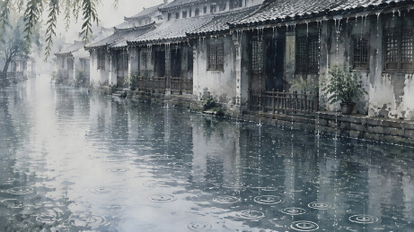 细雨江南水乡屋檐滴水涟漪轻漾