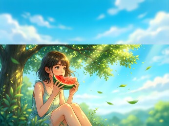 夏日树下吃西瓜的少女