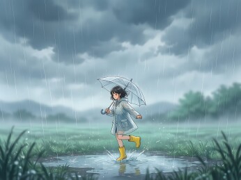 雨天踩水的女孩
