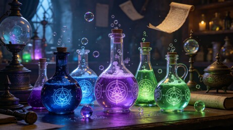 魔法实验桌上的发光魔法药瓶