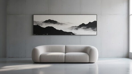 米白沙发配云雾山画