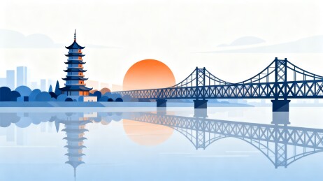 古塔江桥城市国风剪影插画