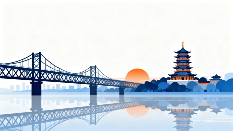 古塔江桥城市国风剪影插画