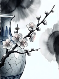 水墨青花瓷瓶寒梅图