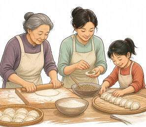 三代女性围桌包饺子