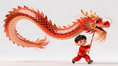 孩童舞龙新春国潮3D卡通插画 