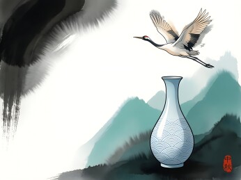 新中式水墨仙鹤青花瓷意境图