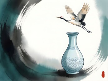 国风青釉瓶与飞鹤水墨画