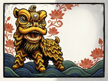 传统醒狮国风版画插画