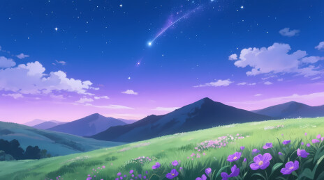 星空下紫花山丘美景