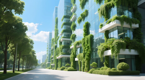 玻璃幕墙建筑绿意盎然