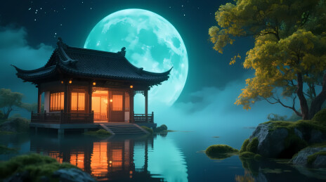 水畔亭阁月夜