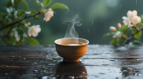 雨日窗边热茶与花枝
