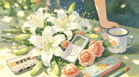 桌面上的鲜花与复古电子物件