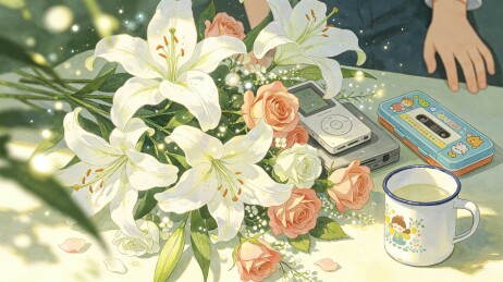 桌面花束与复古电子物件插画