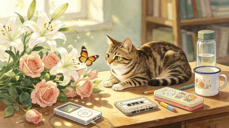 书桌前狸花猫注视蝴蝶温馨插画
