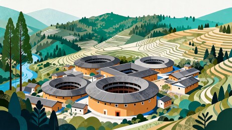 福建土楼客家圆形土楼建筑群坐落于梯田山间