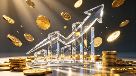 水晶增长箭头与金币金融增长图