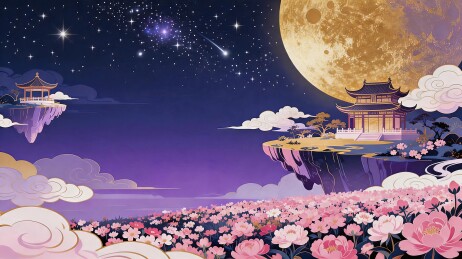 梦幻星空下中式仙境花海与明月高悬